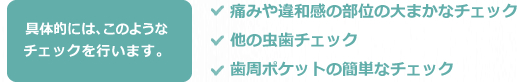 痛みや違和感の部位の大まかなチェック、他の虫歯チェック、歯周ポケットの簡単なチェック